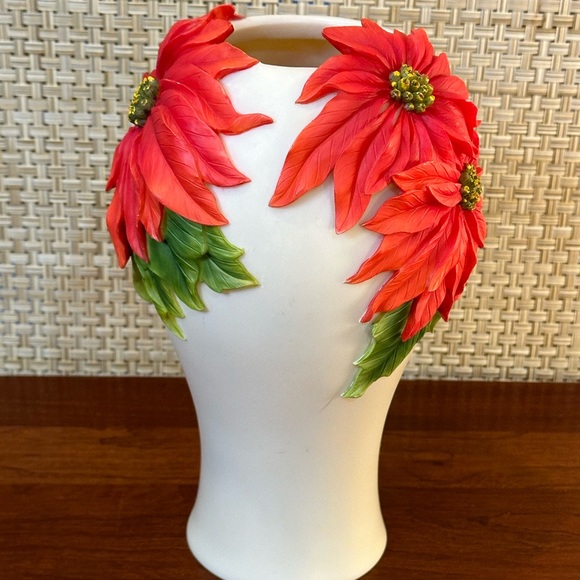 🎄🌟2xHP🌟VTG 2000s Poinsettia Bonded Marble Table Vase Hand-Painted Ibis & Orchid - Picture 4 of 12